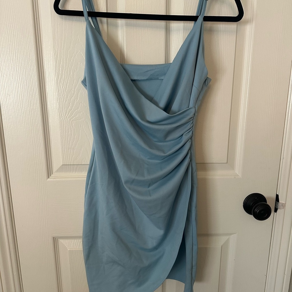 Blue Asymmetrical Ruched Mini Dress